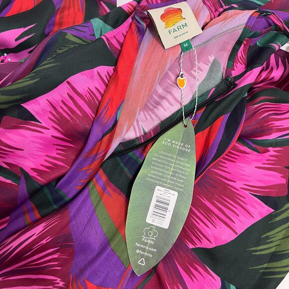 Farm Rio Midnight Leaves Tank Midi Dress Green Pink Tropical Cut Out Tie Waist M - Picture 8 of 14